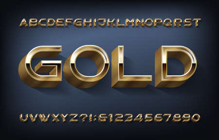 Gold alphabet font. 3d modern golden letters and numbers. Stock vector typeset for your design.のイラスト素材