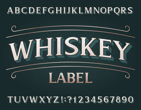 Whiskey Label alphabet font. Vintage letters and numbers. Vector typeface for your typography design.のイラスト素材