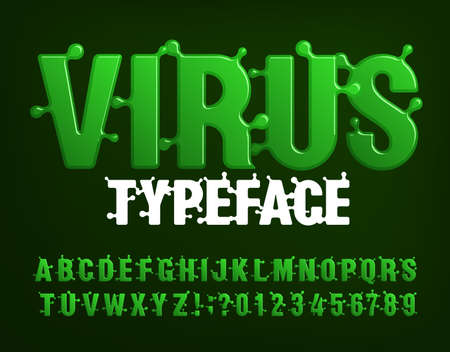 Virus alphabet font. Green letters and numbers. Stock vector typescript for your typography design.のイラスト素材