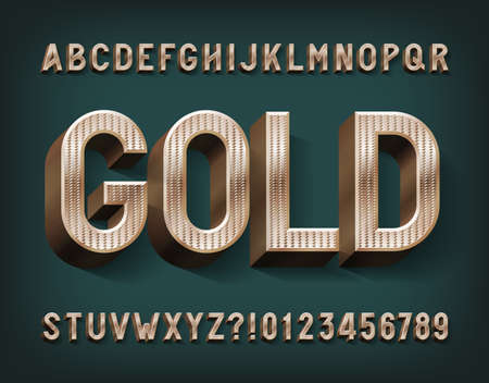 Gold alphabet font. 3d retro golden letters and numbers. Stock vector typescript for your typography design.のイラスト素材