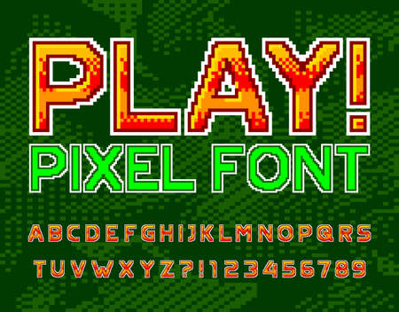 Play alphabet font. Retro pixel letters and numbers. Pixel background. 80s arcade video game typescript.のイラスト素材