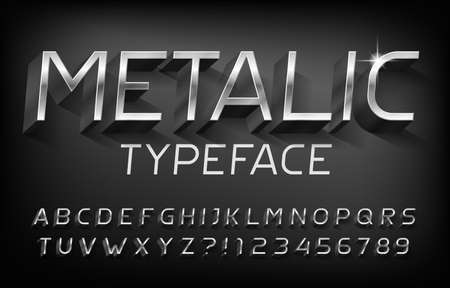 Metallic alphabet font. 3D chrome effect letters and numbers with shadow. Stock vector typeface for your typography design.のイラスト素材