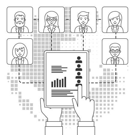 Remote teamwork concept. Remote office team. Business people icons in outline style. Stylized world map background.のイラスト素材