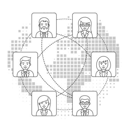 Remote teamwork concept. Remote business team. Business people icons in outline style. Stylized world map background.のイラスト素材