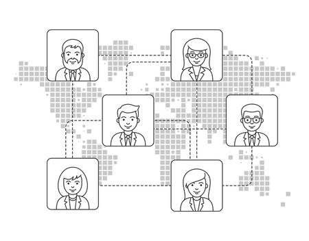 Remote teamwork concept. Distant work. Business people icons in outline style. Stylized world map background.のイラスト素材