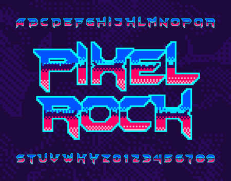 Pixel Rock alphabet font. Retro pixel letters and numbers. Pixel background. 80s electronic game typescript.のイラスト素材
