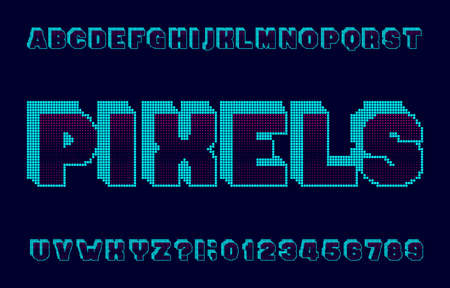 Pixels alphabet font. Digital pixel letters and numbers. 80s retro style typescript.のイラスト素材