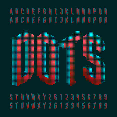 Dots alphabet font. Digital isometric pixel letters and numbers. 80s retro style typescript.のイラスト素材