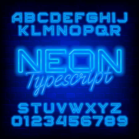 Neon alphabet font. Blue neon light letters and numbers. Dark brick wall background. Stock vector typescript for your design.のイラスト素材