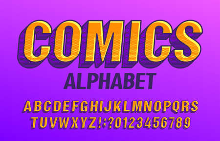 Comics alphabet font. Halftone letters and numbers in retro comic style. Stock vector illustration typography design.のイラスト素材