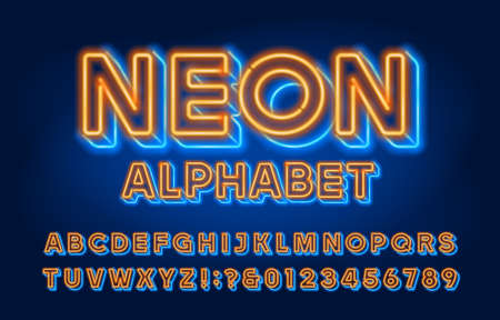 Neon alphabet font. 3D effect neon light letters and numbers. Stock vector typescript for your design.のイラスト素材