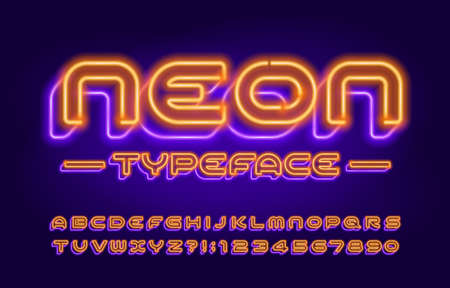 Neon alphabet font. 3D effect modern neon light letters and numbers. Stock vector typeface for your design.のイラスト素材