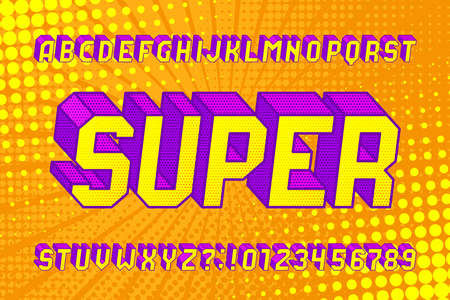 Super alphabet font. 3D effect letters and numbers in retro comic style. Halftone background. Stock vector illustration for typography design.のイラスト素材