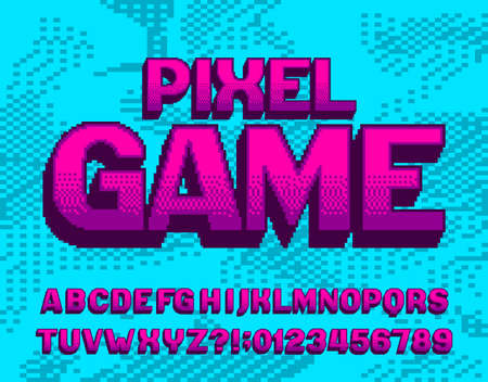 Pixel Game alphabet font. Digital letters and numbers. Pixel background. 80s arcade video game typescript.のイラスト素材