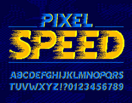 Pixel Speed alphabet font. Wind effect digital letters and numbers. Pixel background. 80s arcade video game typescript.のイラスト素材