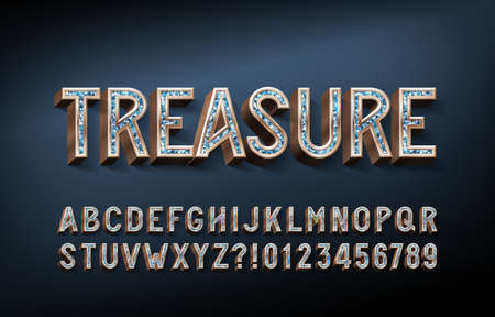 Treasure alphabet font. 3D gold letters and numbers with gemstones. Stock vector typescript for your design.のイラスト素材