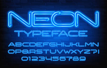 Neon alphabet font. Blue neon color letters and numbers. Brick wall background. Stock vector typescript for your design.のイラスト素材