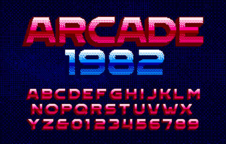 Arcade 1982 alphabet font. Pixel gradient letters and numbers. Pixel background. 80s arcade video game typescript.のイラスト素材