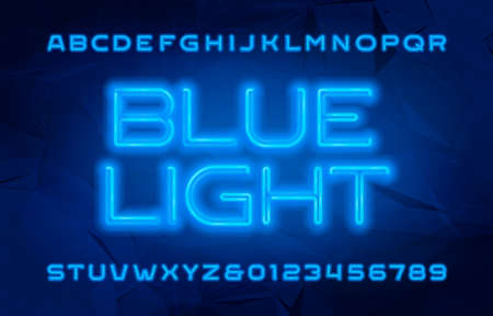 Blue Light alphabet font. Neon color letters and numbers. Polygonal background. Stock vector typescript for your design.のイラスト素材