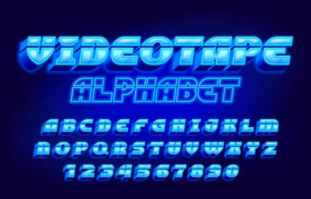 Videotape alphabet font. 3D neon letters, numbers and symbols in 80s style. Retro-futuristic vector typeface for your typography design.のイラスト素材