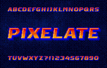 Pixelate alphabet font. 3D digital letters and numbers. Pixel background. 80s arcade video game typescript.のイラスト素材