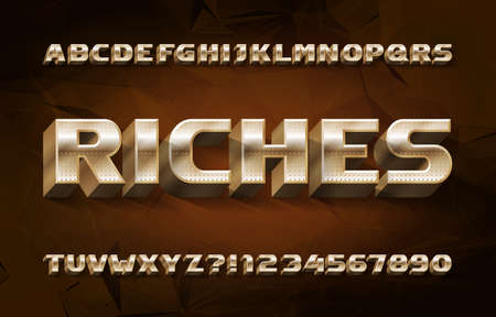 Riches alphabet font. 3d golden letters and numbers. Abstract polygonal background. Stock vector typescript for your typography design.のイラスト素材
