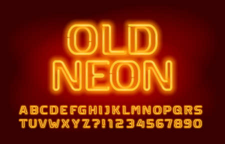 Old Neon alphabet font. Glowing yellow neon color letters and numbers. Stock vector typeface for your design.のイラスト素材