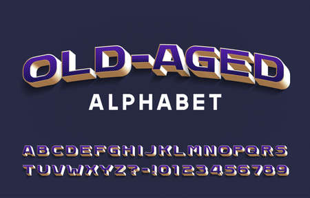 Old-aged alphabet font. 3D vintage letters and numbers with shadow. Vector typeface for your typography design.のイラスト素材