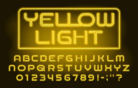 Yellow Light alphabet font. Vivid neon color letters and numbers. Stock vector typeface for your design.のイラスト素材