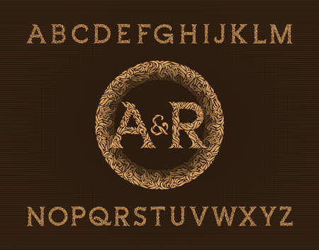 Vintage ornamental floral monograms. Luxury decorative alphabet font in golden color. Stock vector wedding or boutique emblem template.のイラスト素材