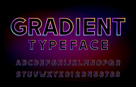 Gradient alphabet font. Abstract glowing letters and numbers. Stock vector typeface for your typography design. Abstract blurred background.のイラスト素材