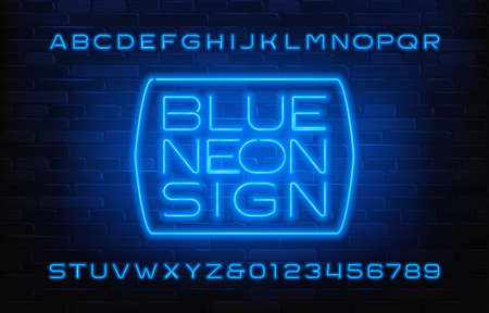 Blue Neon Sign alphabet font. Glowing neon color letters and numbers. Brick wall background. Stock vector typescript for your design.のイラスト素材