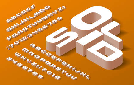 Solid alphabet font. 3d isometric letters, numbers and symbols with shadow. Stock vector typescript for your typography design.のイラスト素材