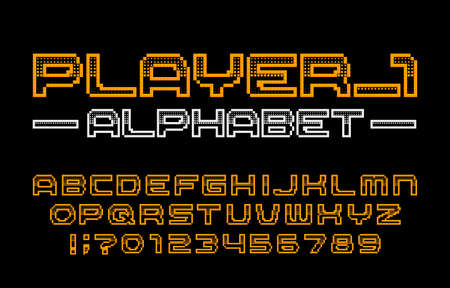 Player 1 alphabet font. Digital pixel letters, numbers and symbols. 80s computer video game typescript.のイラスト素材