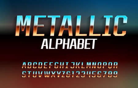 Metallic alphabet font. Reflective surface chrome effect letters and numbers with shadow. Abstract background. Stock vector typescript for your typography design.のイラスト素材