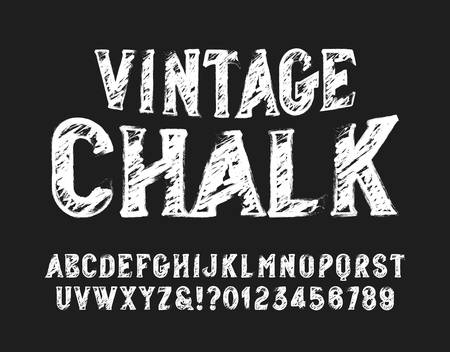 Vintage Chalk alphabet font. Hand drawn letters, numbers and symbols. Stock vector typeface for your design.のイラスト素材