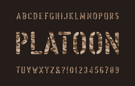 Platoon alphabet font. Stencil camouflage letters and numbers on a dark background. Vector typescript for your design.のイラスト素材