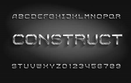 Construct alphabet font. Metal effect letters and numbers with shadow. Abstract background. Stock vector typeface for your typography design.のイラスト素材