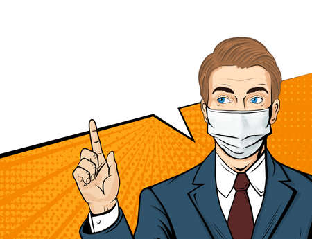 Pop art male face in medical mask. Blond man is pointing his finger with speech bubble. Retro halftone background. Healthcare vector illustration.のイラスト素材