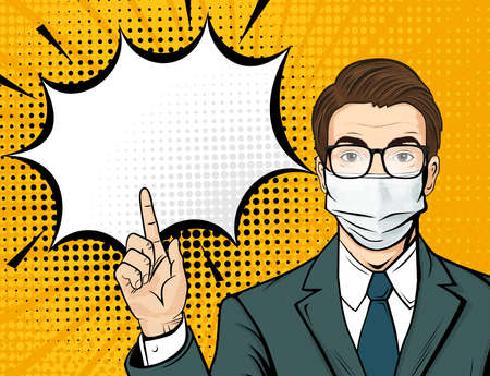 Pop art male face with glasses in medical mask. Comic man is pointing his finger with speech bubble. Retro halftone background. Healthcare vector illustration.