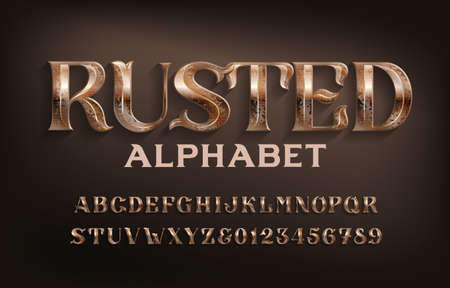 Rusted alphabet font. Ancient scratched metal letters and numbers. Stock vector typescript for your design.のイラスト素材