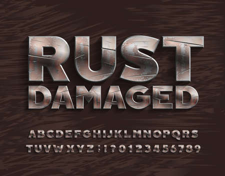 Rust Damaged alphabet font. Bold metal letters and numbers. Stock vector typescript for your design.のイラスト素材