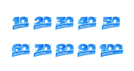 Set of anniversary signs from 10 to 100. Numbers in blue colors. Stock vector emblem design elements.のイラスト素材