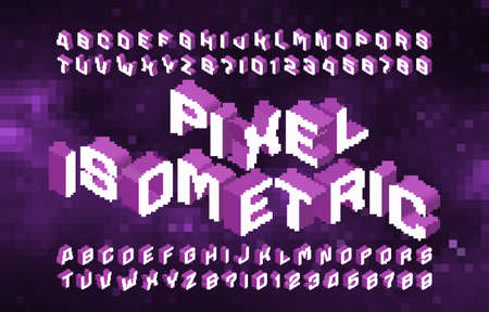 Cosmic Pixel alphabet font. Chrome effect letters and numbers. Abstract pixel background. 80s arcade video game typescript.のイラスト素材
