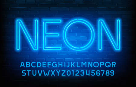 Neon alphabet font. Blue neon light letters and numbers. Shaded brick wall background. Stock vector typescript for your design.のイラスト素材