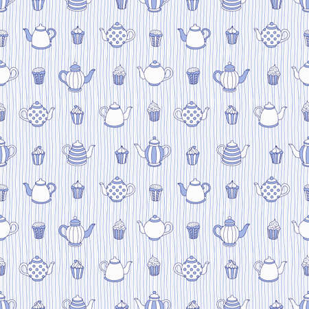 Teapots and muffins hand drawn pattern. Monochrome colors. Vector seamless background.のイラスト素材