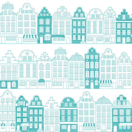 Seamless pattern with townhouses in European style. Hand drawn vector houses in one color. Endless background.のイラスト素材