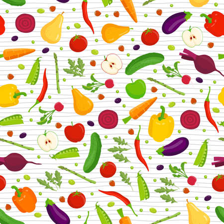 Organic food seamless pattern. Hand drawn fruit and vegetables. Stock vector endless background.のイラスト素材