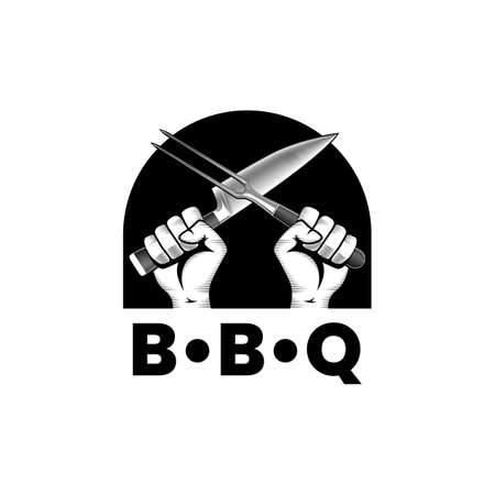 Two hands with crossed knife and fork. Vector sign in engrave style. Barbeque or cooking stock vector illustration.のイラスト素材
