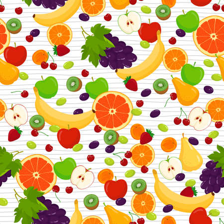 Fruit seamless pattern. Hand drawn colorful fruit on white. Stock vector endless background.のイラスト素材